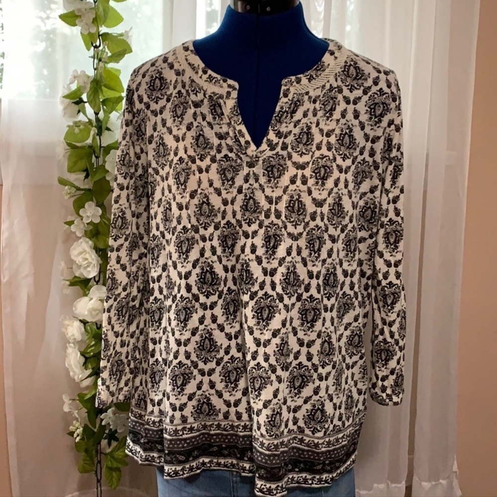 Lucky Brand Cream and Black Printed Peasant Blouse